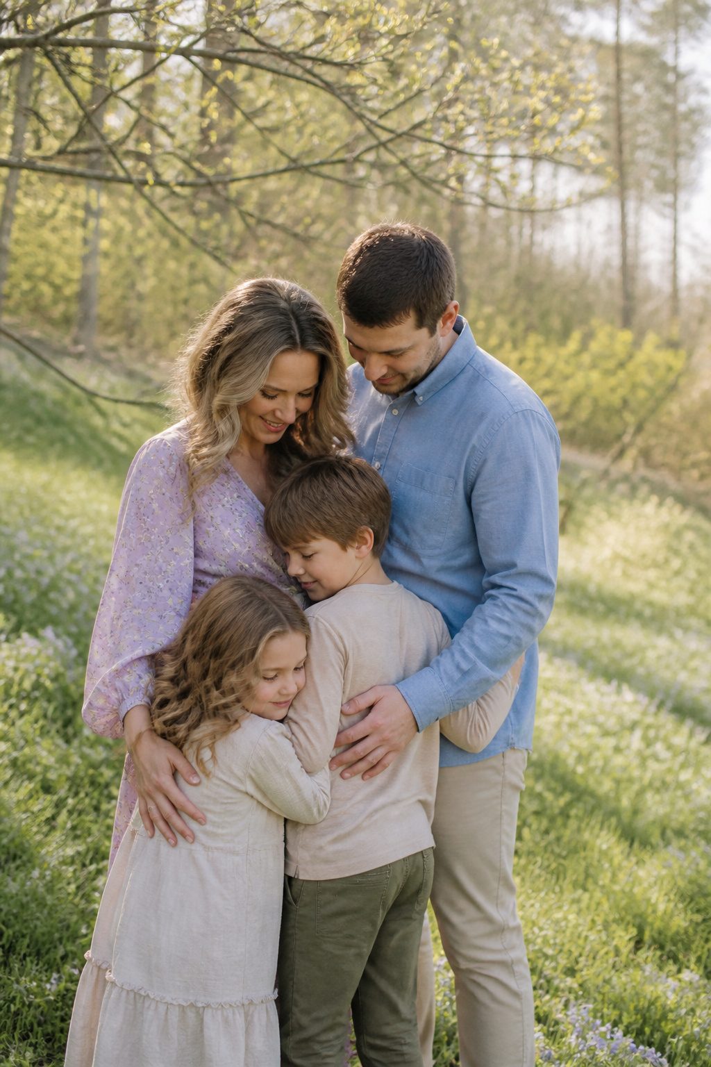 Family in lavender and blue outfits with a grassy background.