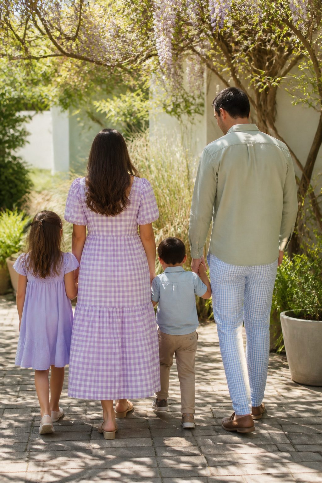 Family wearing gingham outfits in lavender and green tones.
