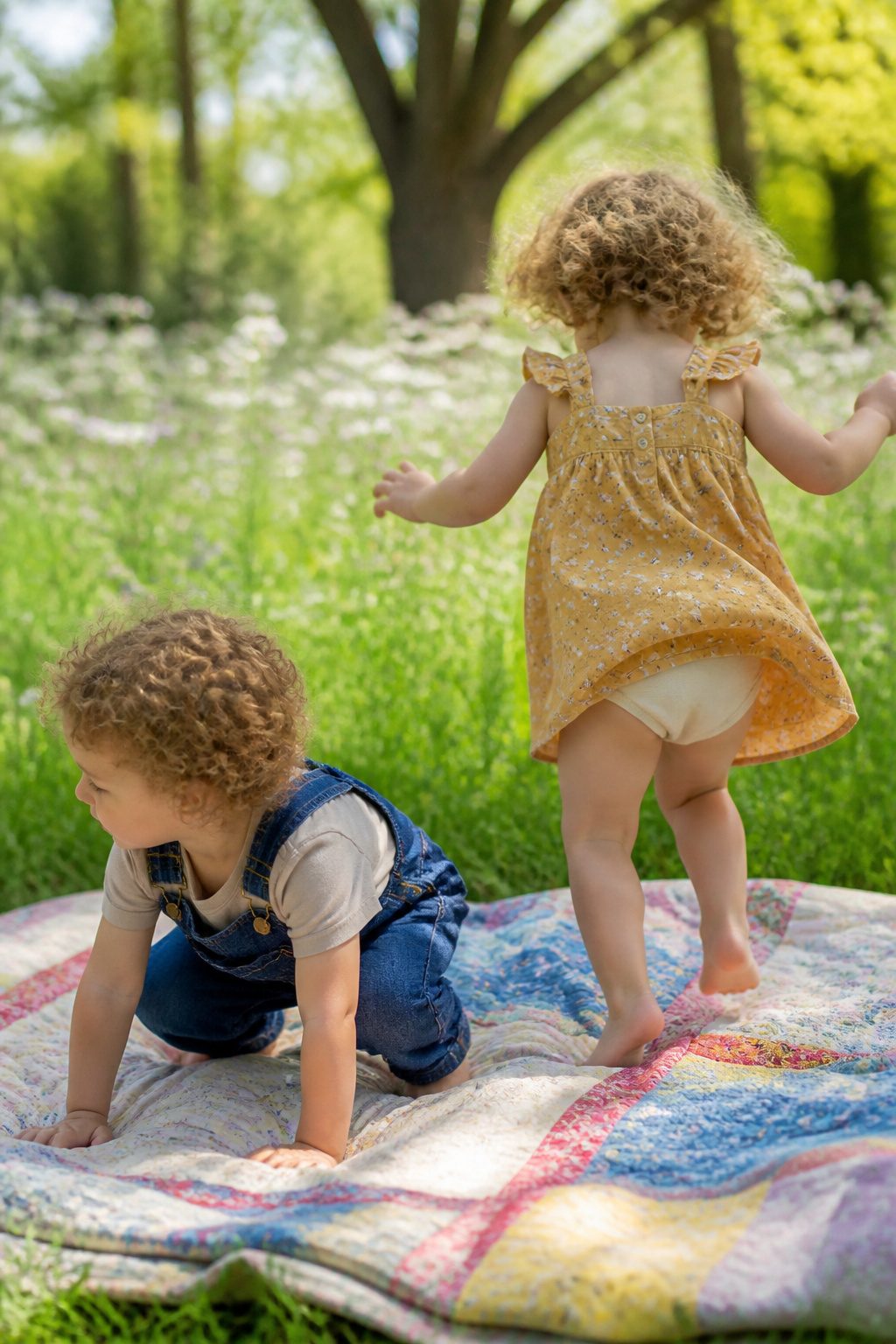 Kids wearing comfortable outfits including denim overalls and a sundress.