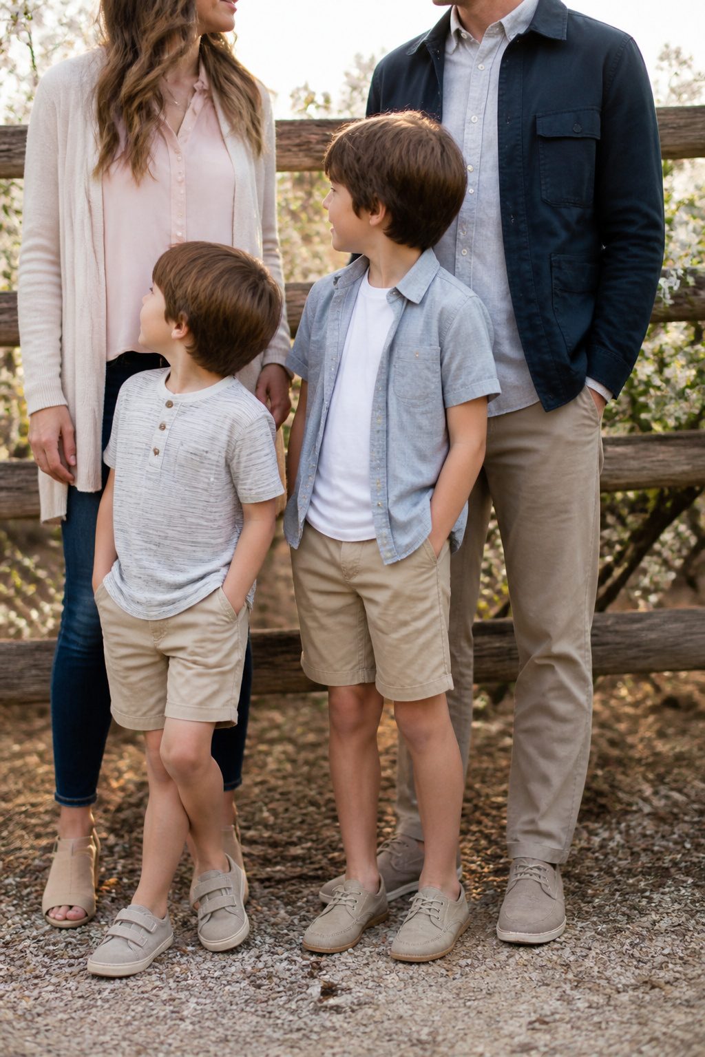Family in layered outfits, featuring cardigans and jackets.