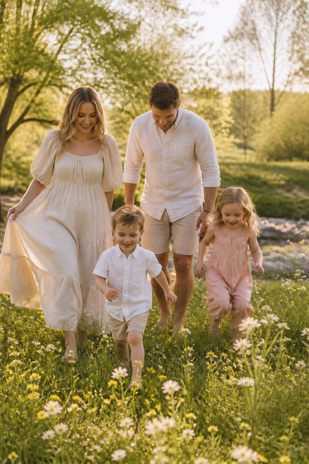 Family in cotton and linen outfits, showcasing light and breathable materials.