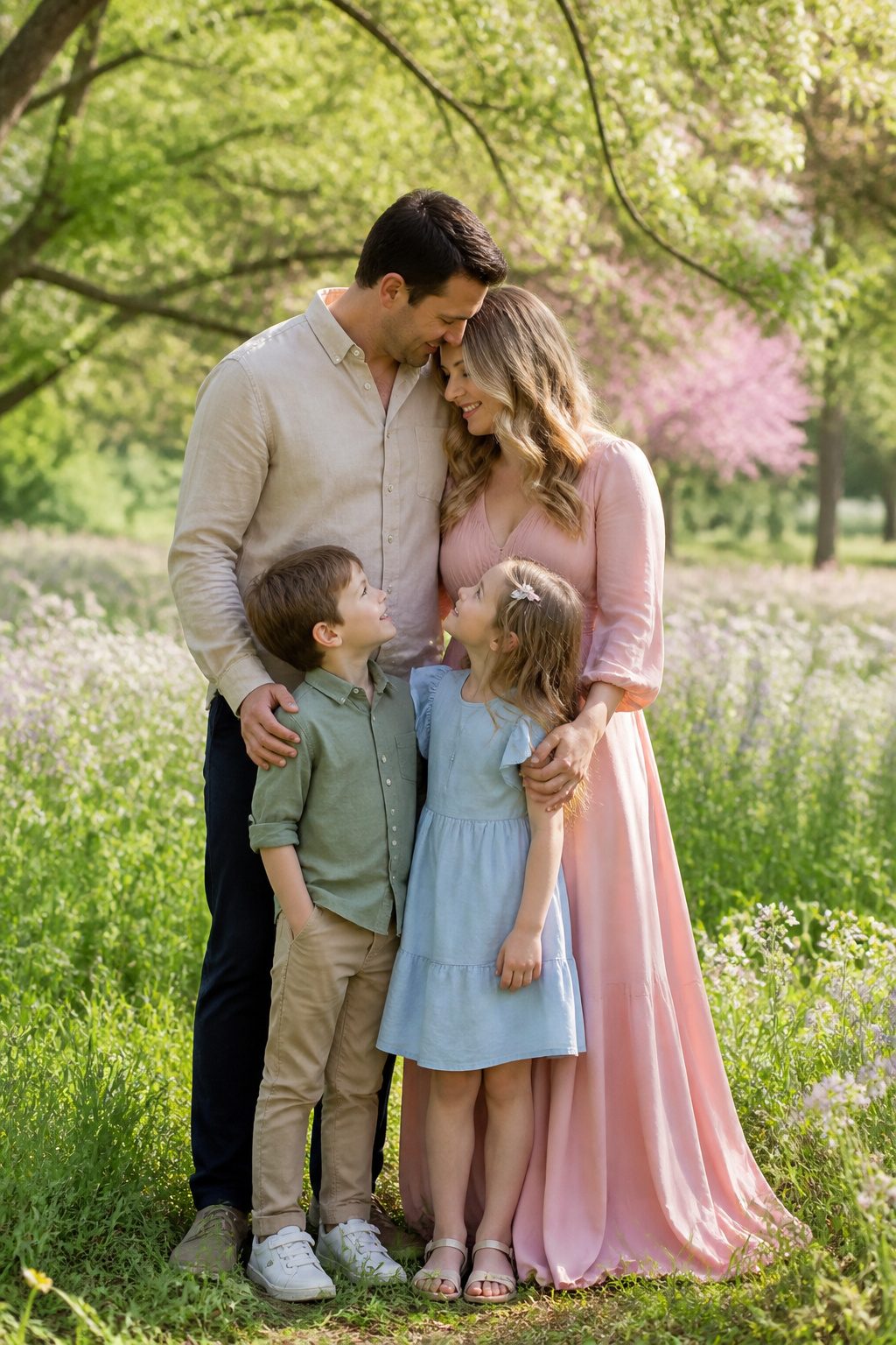 Family dressed in blush, sage green, and baby blue outfits outdoors.