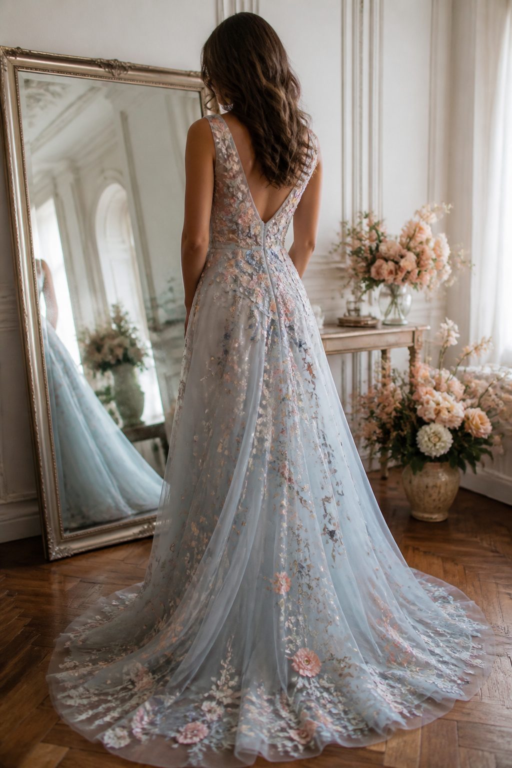 A dress featuring intricate floral embroidery along the neckline.