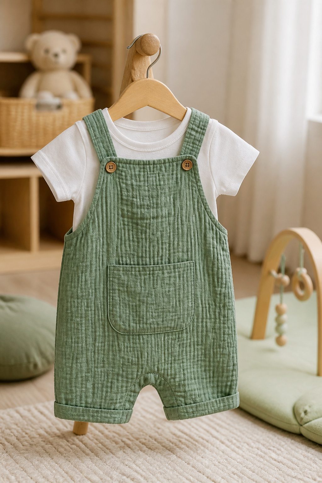 Baby wearing gauze shortalls suitable for St. Patrick's Day.