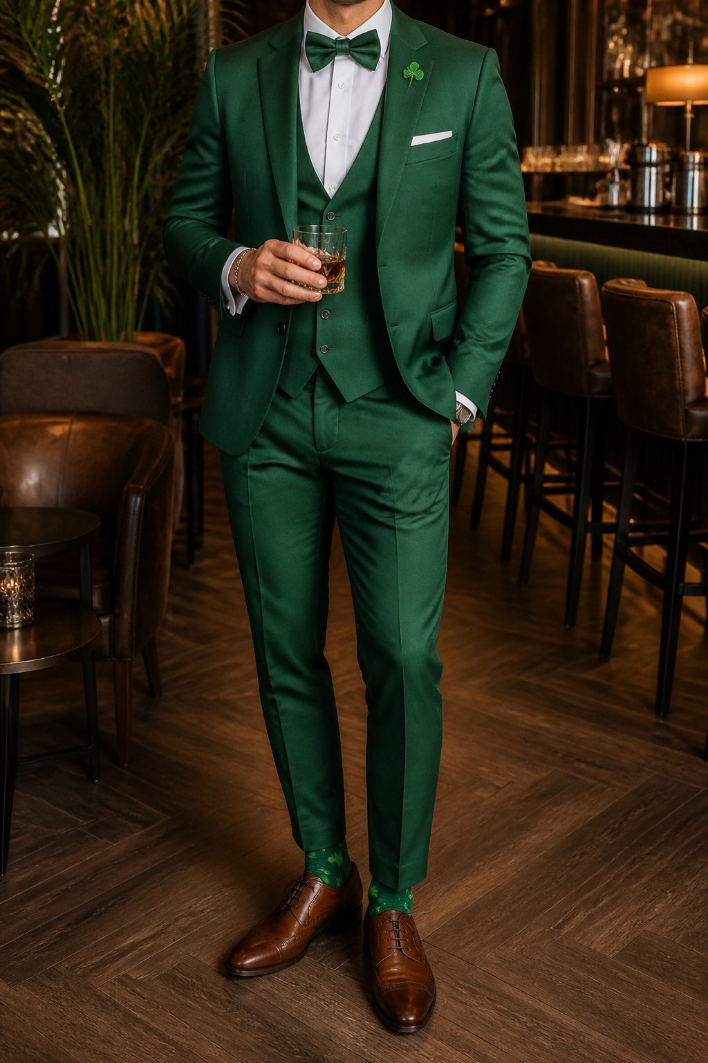 Man in a tailored green leprechaun suit at a stylish lounge.