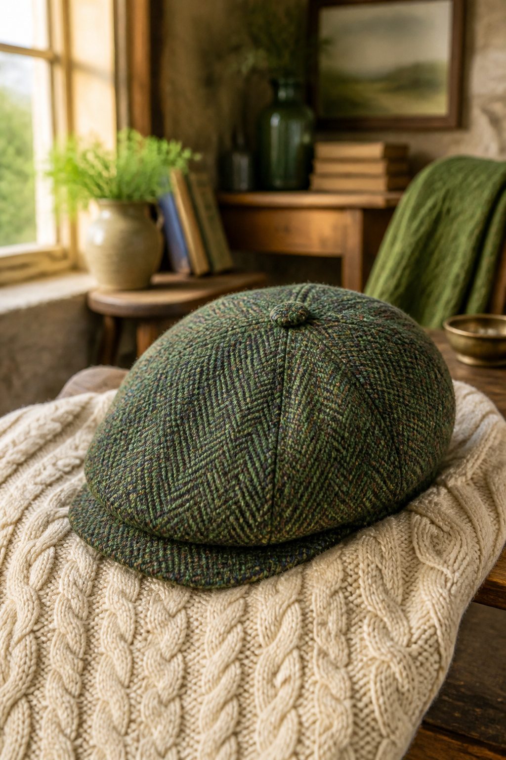 Tweed flat cap worn with a cream cable knit and denim.