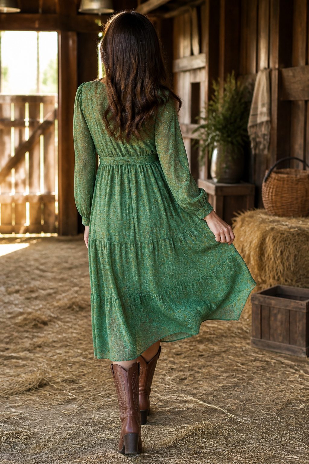 Green dress and cowboy boots against a rustic barn background.