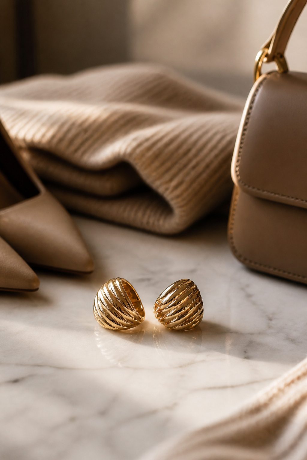 Close-up of sculptural stud earrings suitable for Thanksgiving.