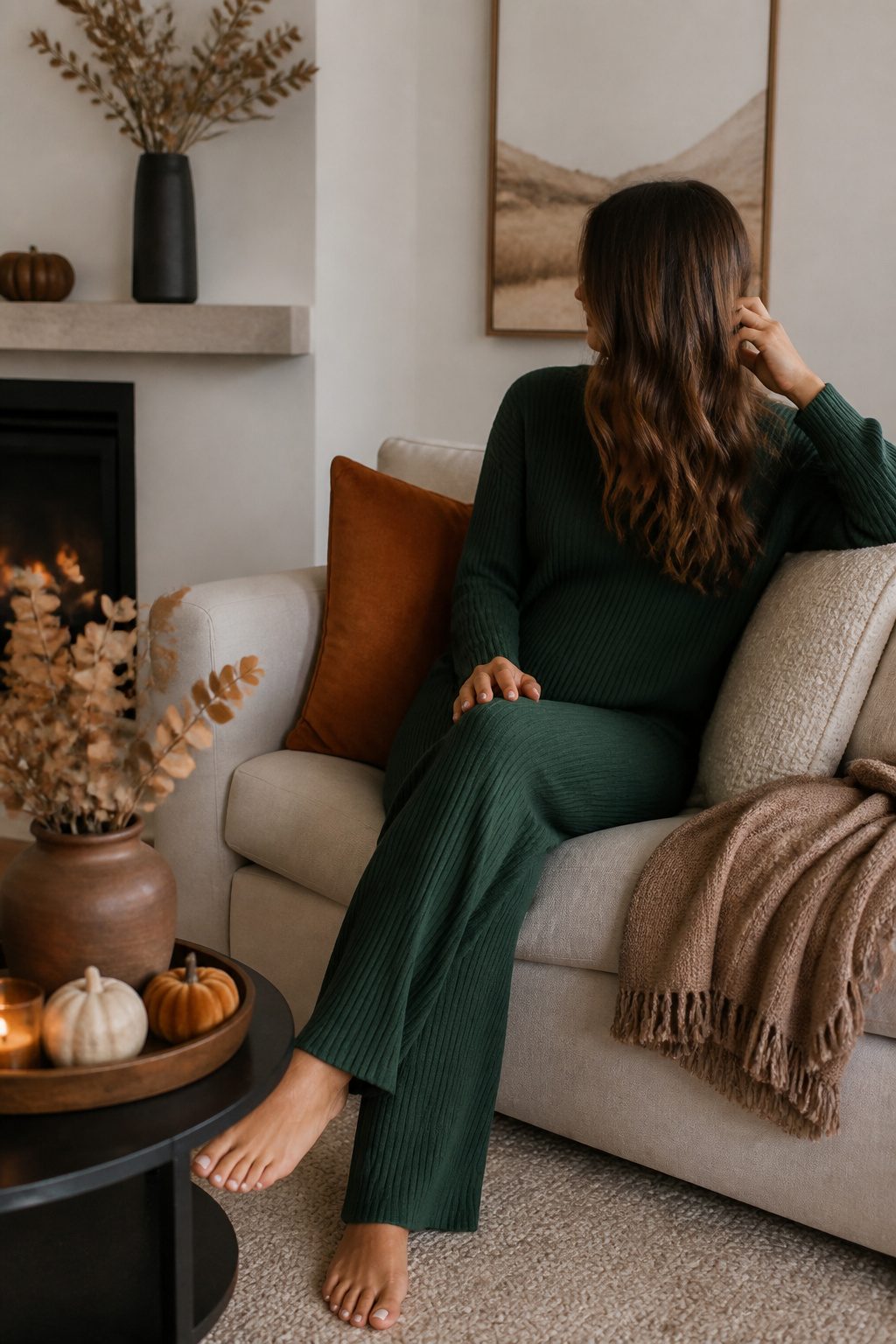 Model in a forest green ribbed knit matching set of pants and sweater.