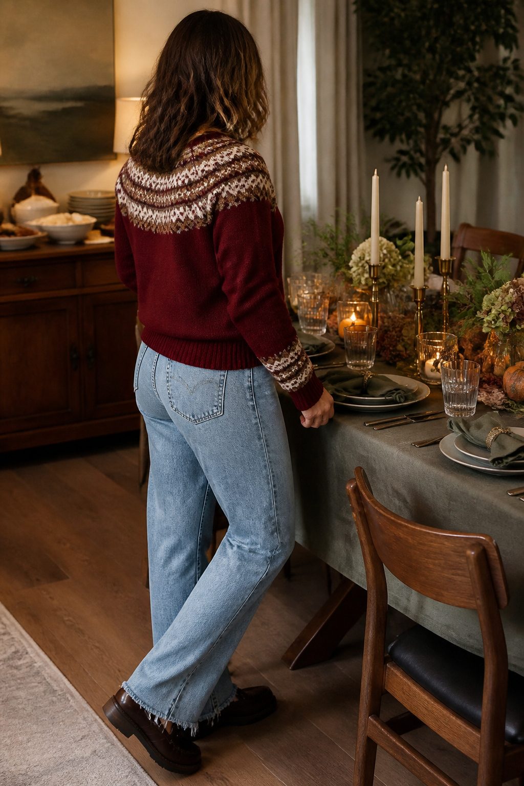 Model in a burgundy Fair Isle sweater and relaxed-fit jeans at a dining table.