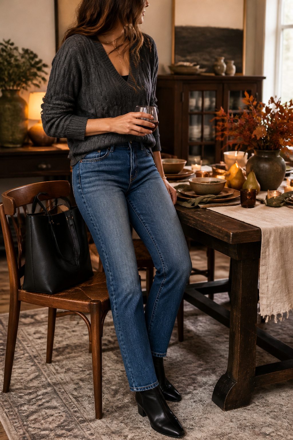 Model in mid-rise straight-leg jeans and a charcoal-grey cableknit sweater.