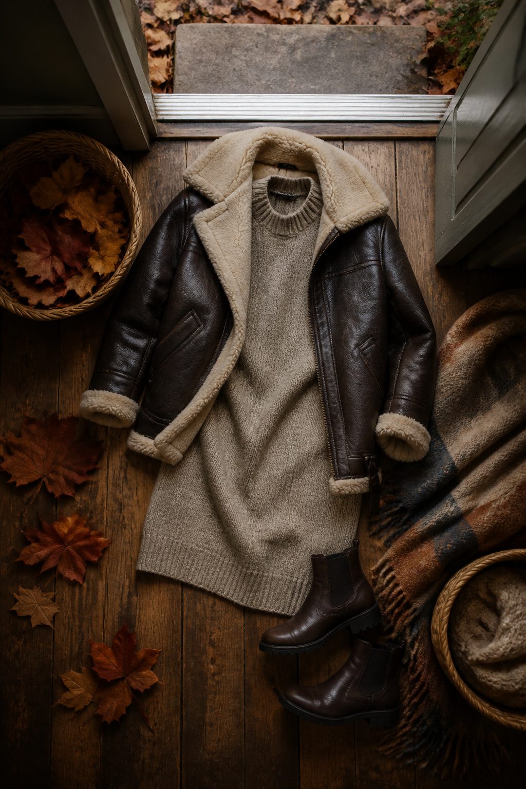 Model wearing a shearling-trimmed oversized leather jacket over a mini sweater dress.