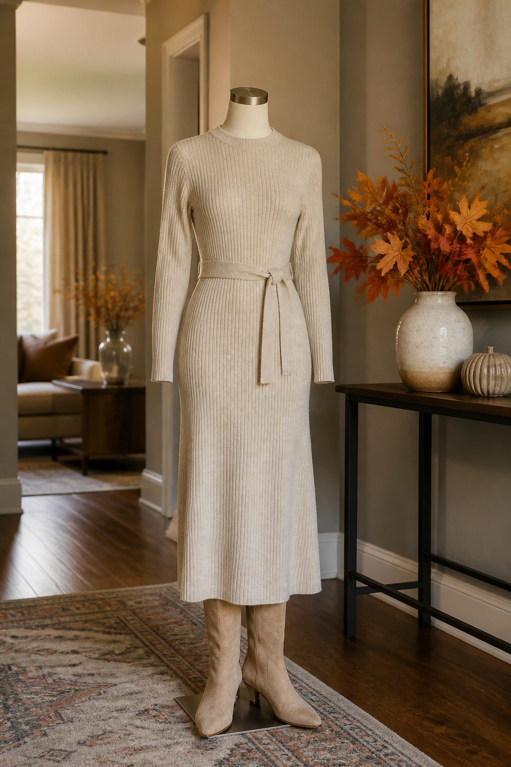 Mannequin in a light beige sweater dress and knee-high kitten-heeled boots.