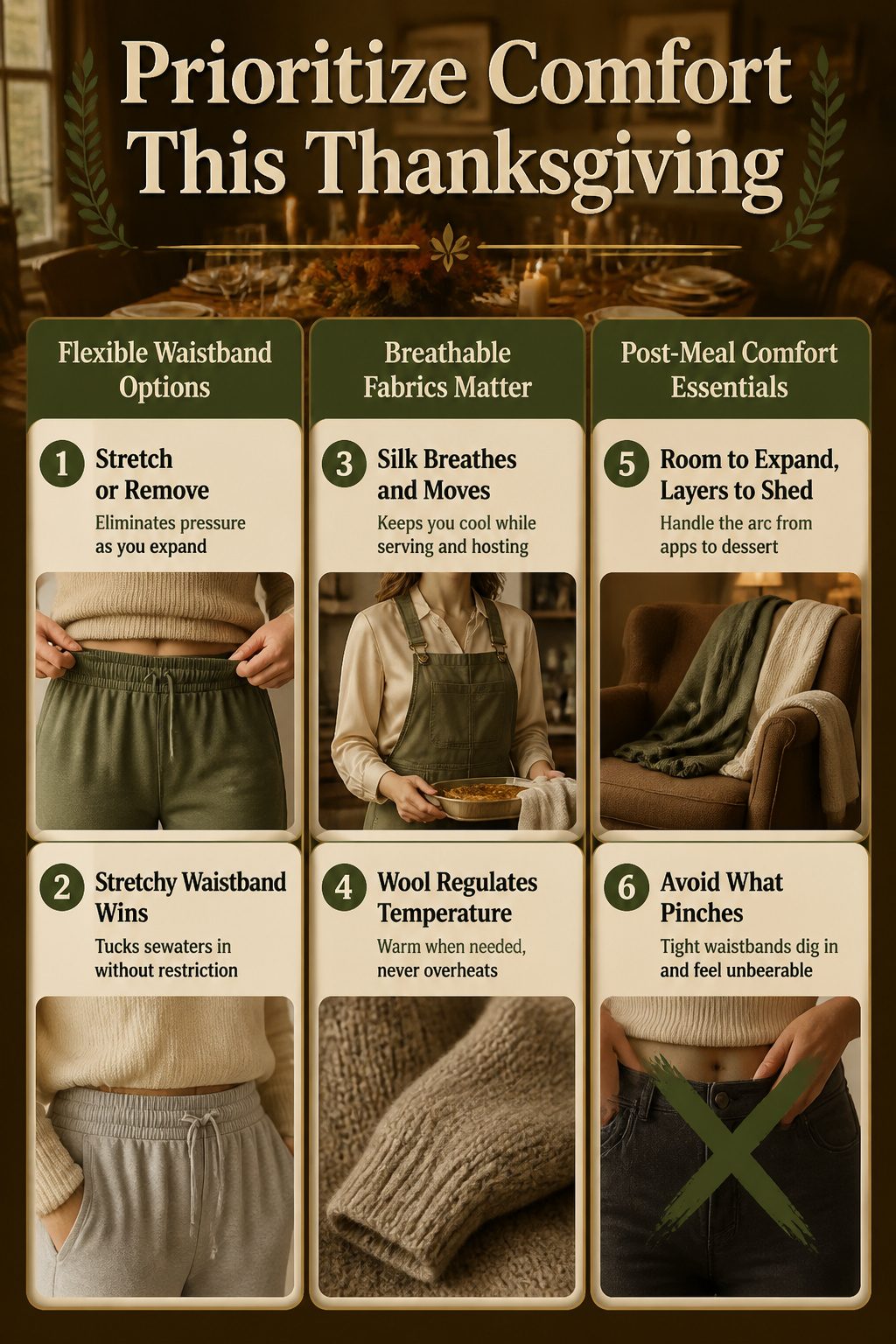 Illustration showing tips for comfortable Thanksgiving outfits.