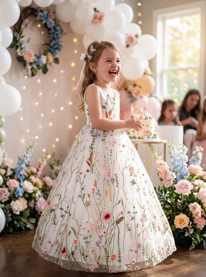 Laughing toddler girl in a white floral embroidered maxi dress standing near balloons and flowers.