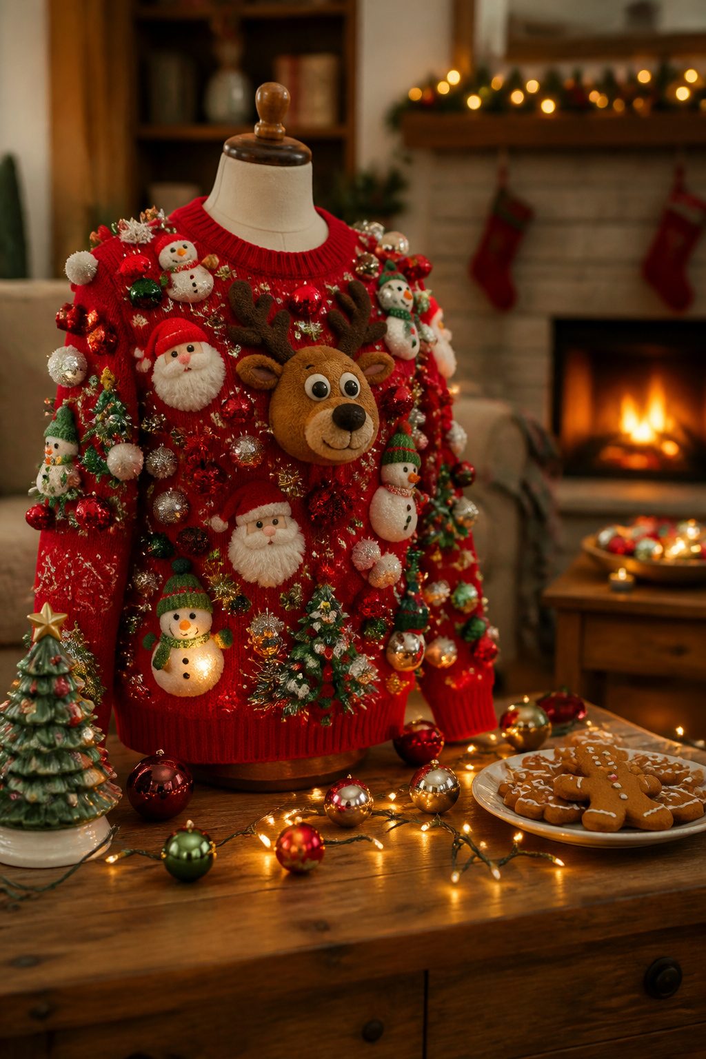 3D ugly Christmas sweater featuring plush ornaments and textured designs.