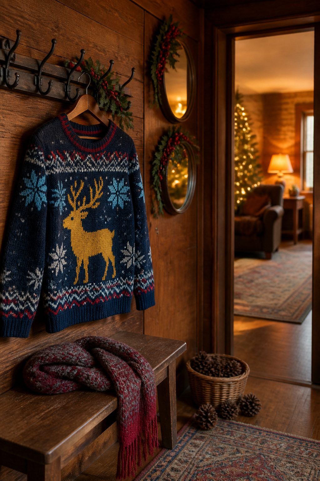 Classic ugly Christmas sweater decorated with snowflakes and a reindeer.