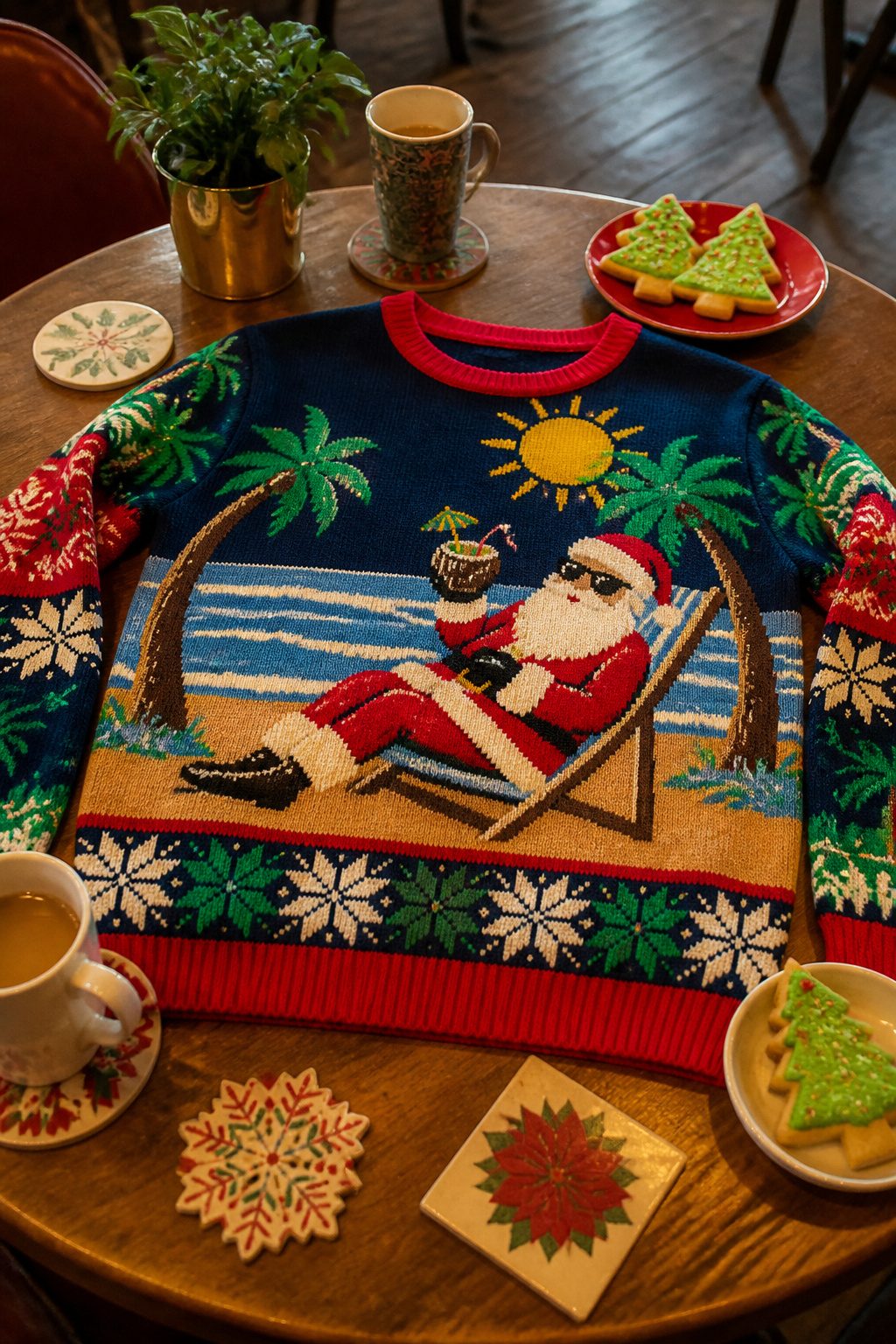 Funny ugly Christmas sweater featuring a beach-themed Santa design.