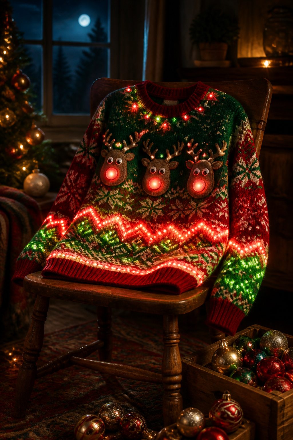 LED light-up ugly Christmas sweater featuring blinking reindeer and tree outlines.