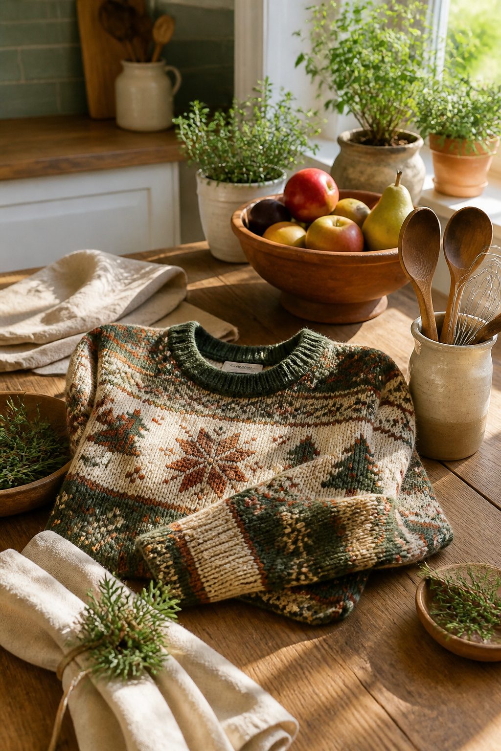 Organic cotton ugly Christmas sweater with a subtle holiday pattern on a table.