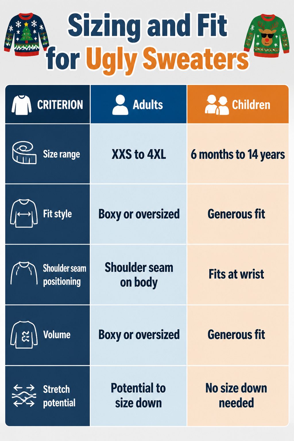 Sizing guide for ugly Christmas sweaters showing various sizes.