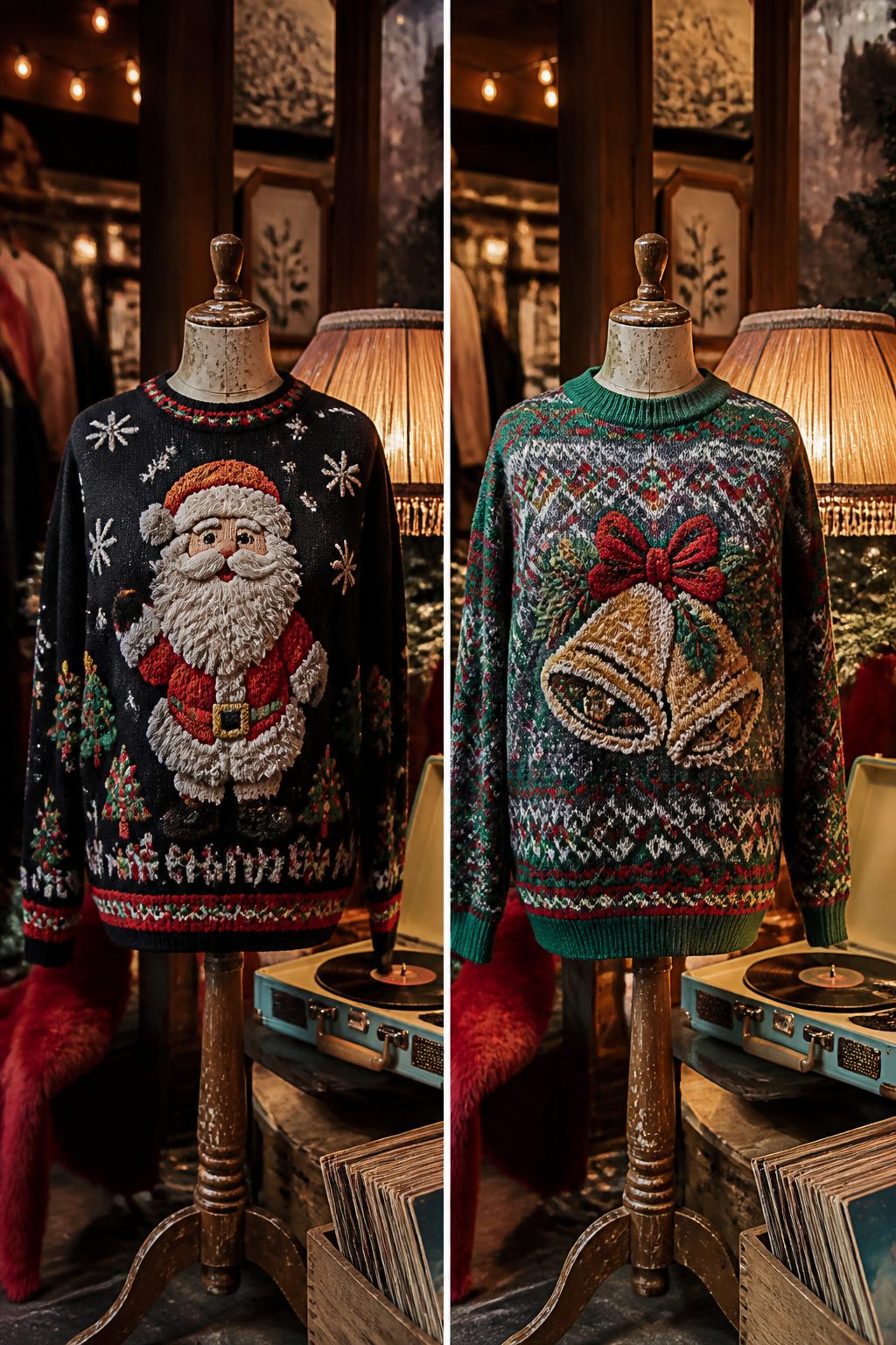 Vintage ugly Christmas sweater with retro designs from the 1980s.