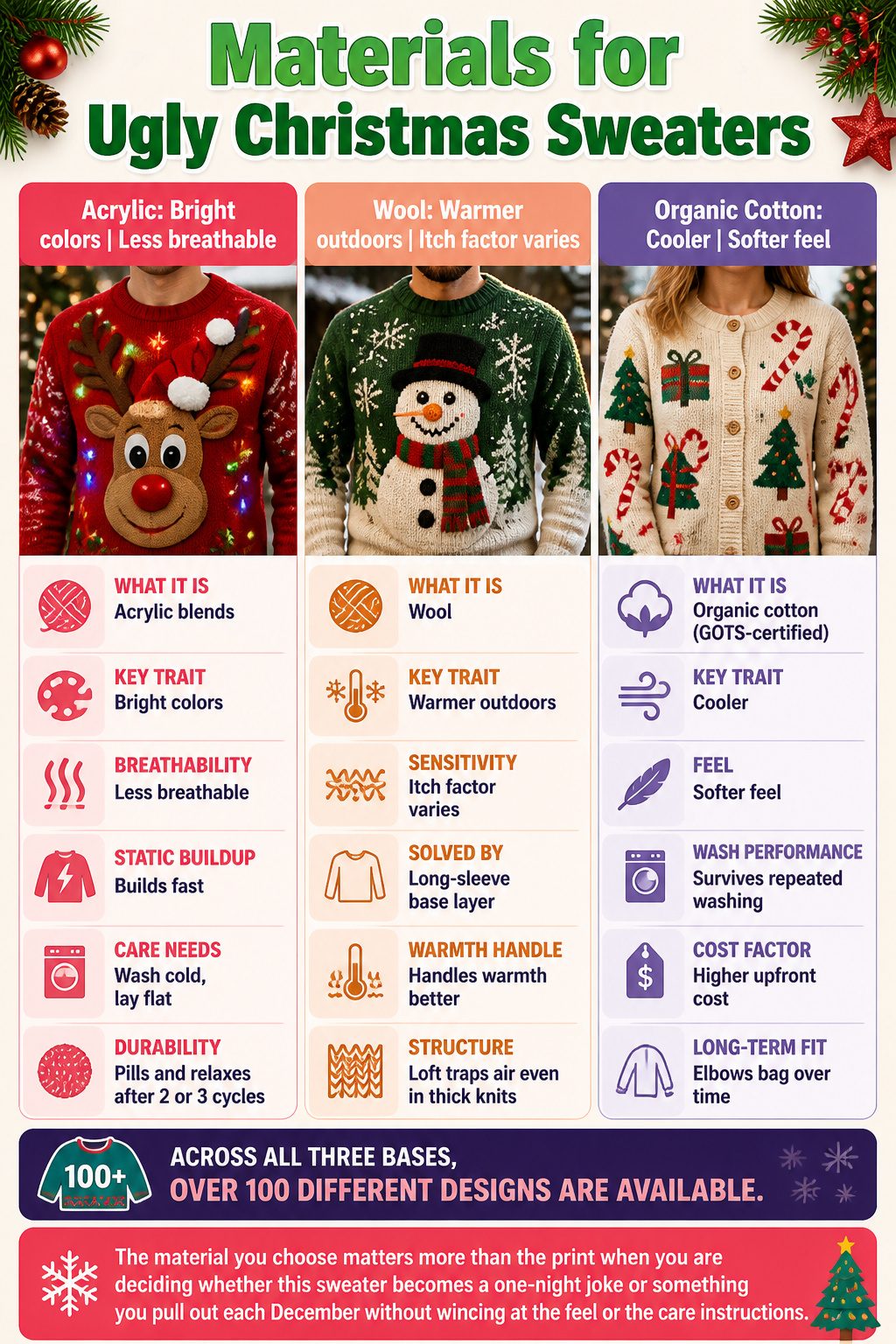 Materials guide for ugly Christmas sweaters highlighting different fabrics.