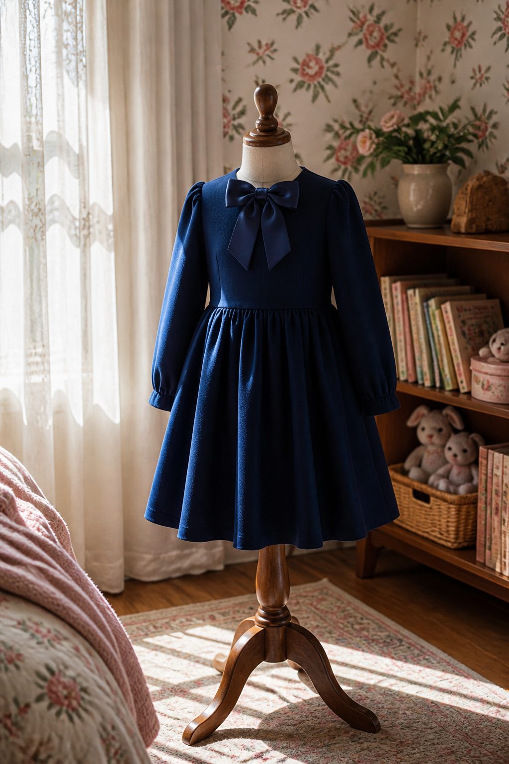 Bow long-sleeve dress in blue displayed on a mannequin.