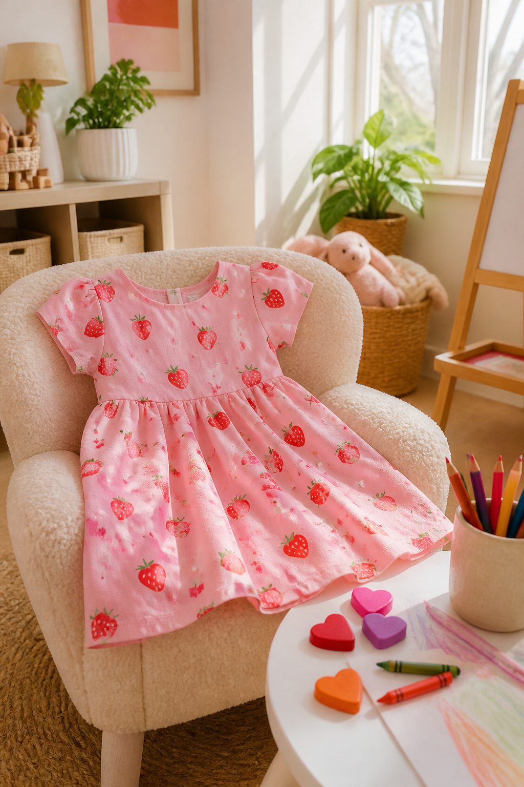 Toddler strawberry short-sleeve dress in pink with strawberry designs.
