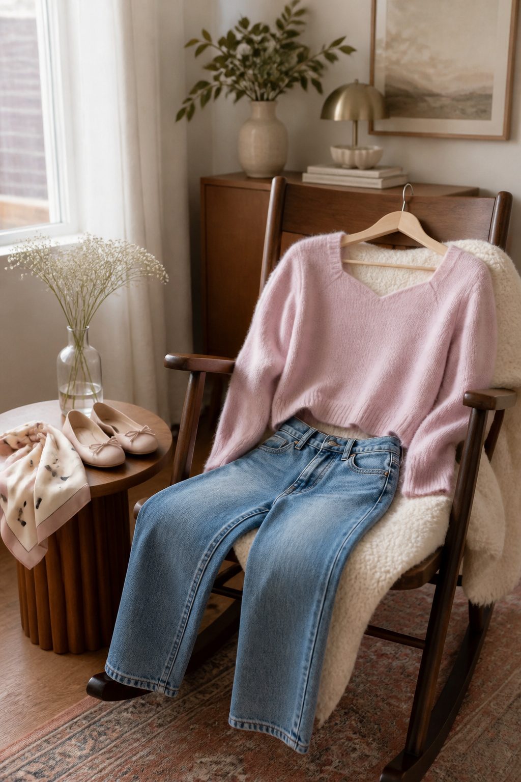 Valentine's Day Outfits & Clothing Ideas for 2026 8 Sweater and jeans draped over a rocking chair.