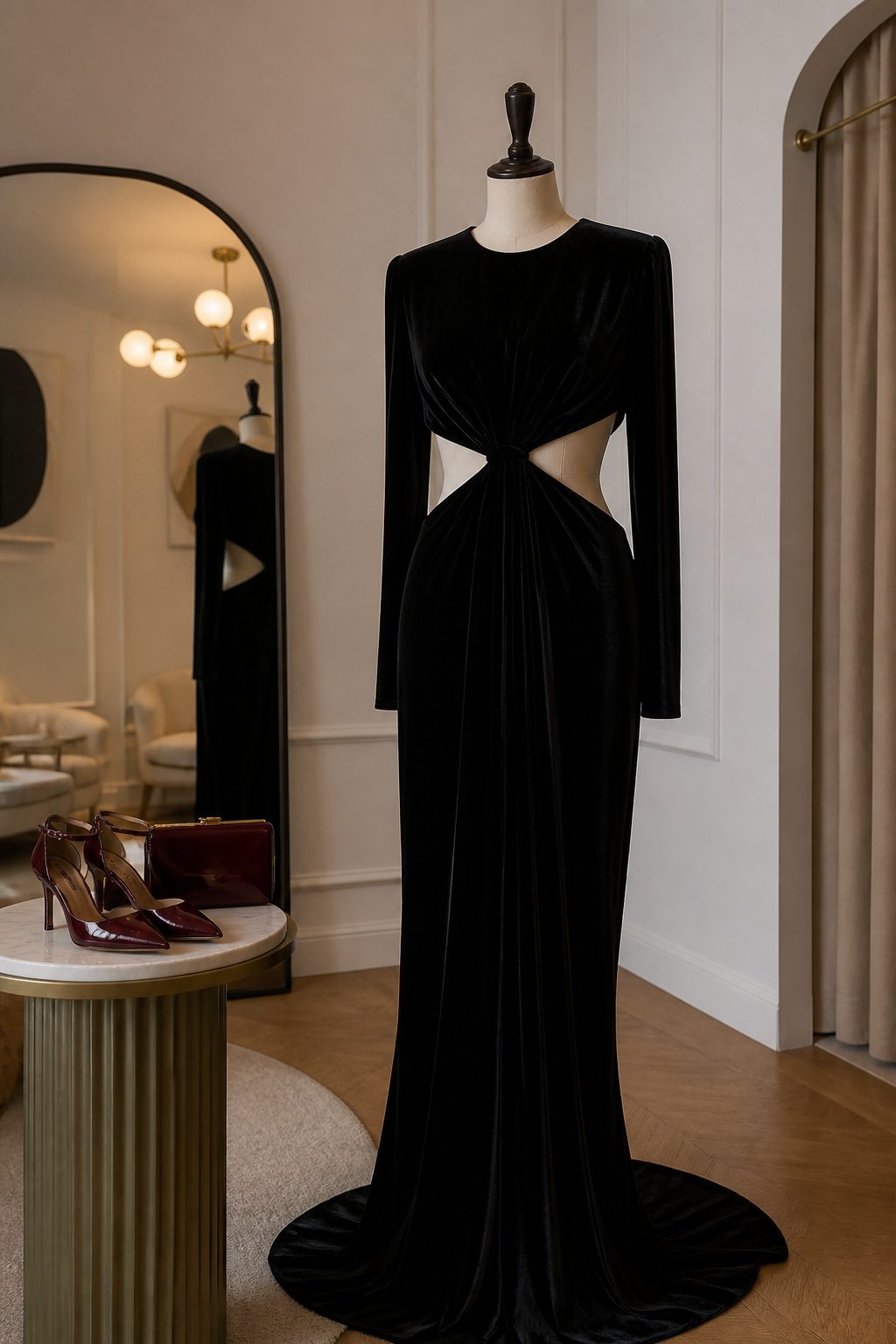Valentine's Day Outfits & Clothing Ideas for 2026 5 Cut-out maxi dress draped over a standing dress form.