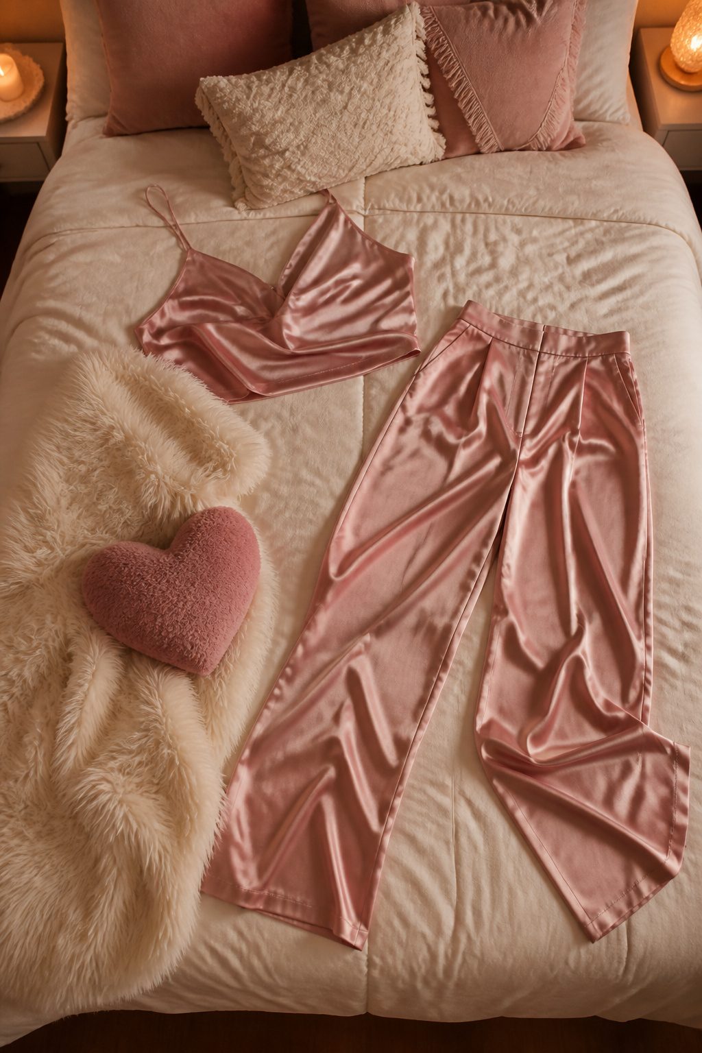 Valentine's Day Outfits & Clothing Ideas for 2026 10 Silky satin pajama set displayed elegantly.