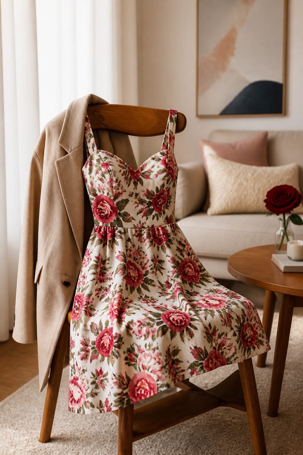 Valentine's Day Outfits & Clothing Ideas for 2026 1 Floral mini dress hanging on a rack.