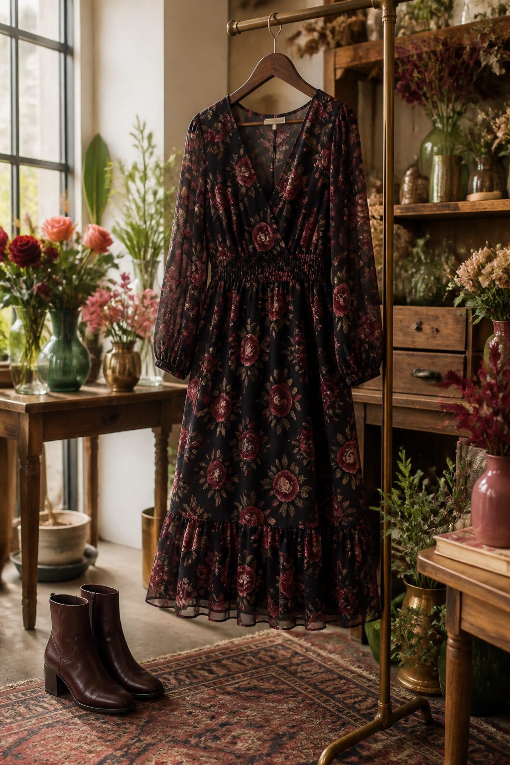 Valentine's Day Outfits & Clothing Ideas for 2026 19 Floral Valentine dress hanging on a vintage wooden hanger.