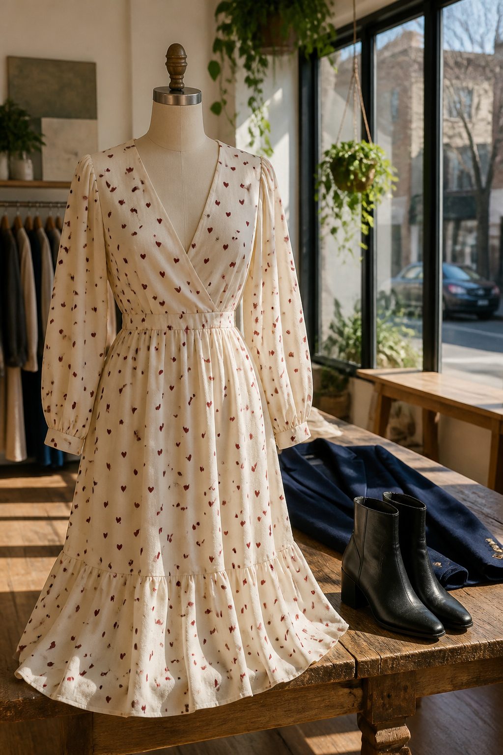 Valentine's Day Outfits & Clothing Ideas for 2026 4 Heart pattern dress hanging on a wooden hanger.
