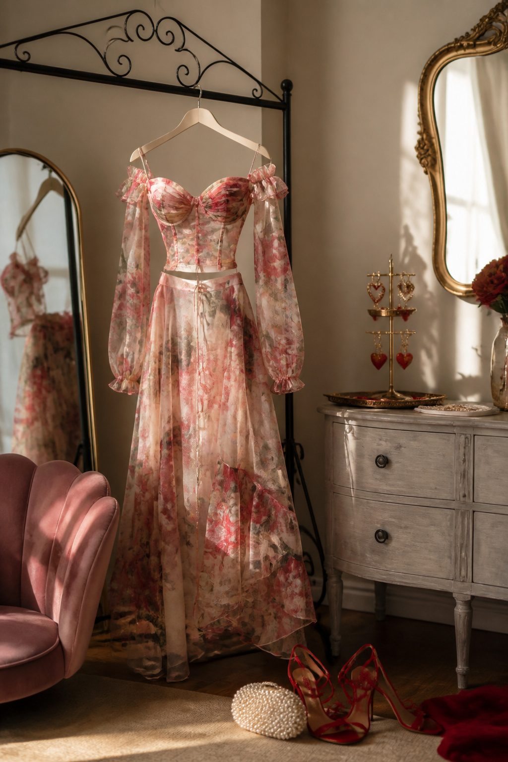 Valentine's Day Outfits & Clothing Ideas for 2026 2 Off-shoulder floral mesh outfit on a wrought-iron rack.
