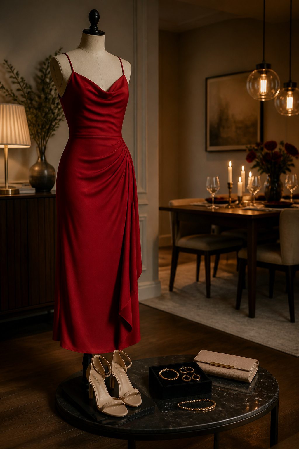 Valentine's Day Outfits & Clothing Ideas for 2026 13 Red dress with nude heels displayed on a refined stand.