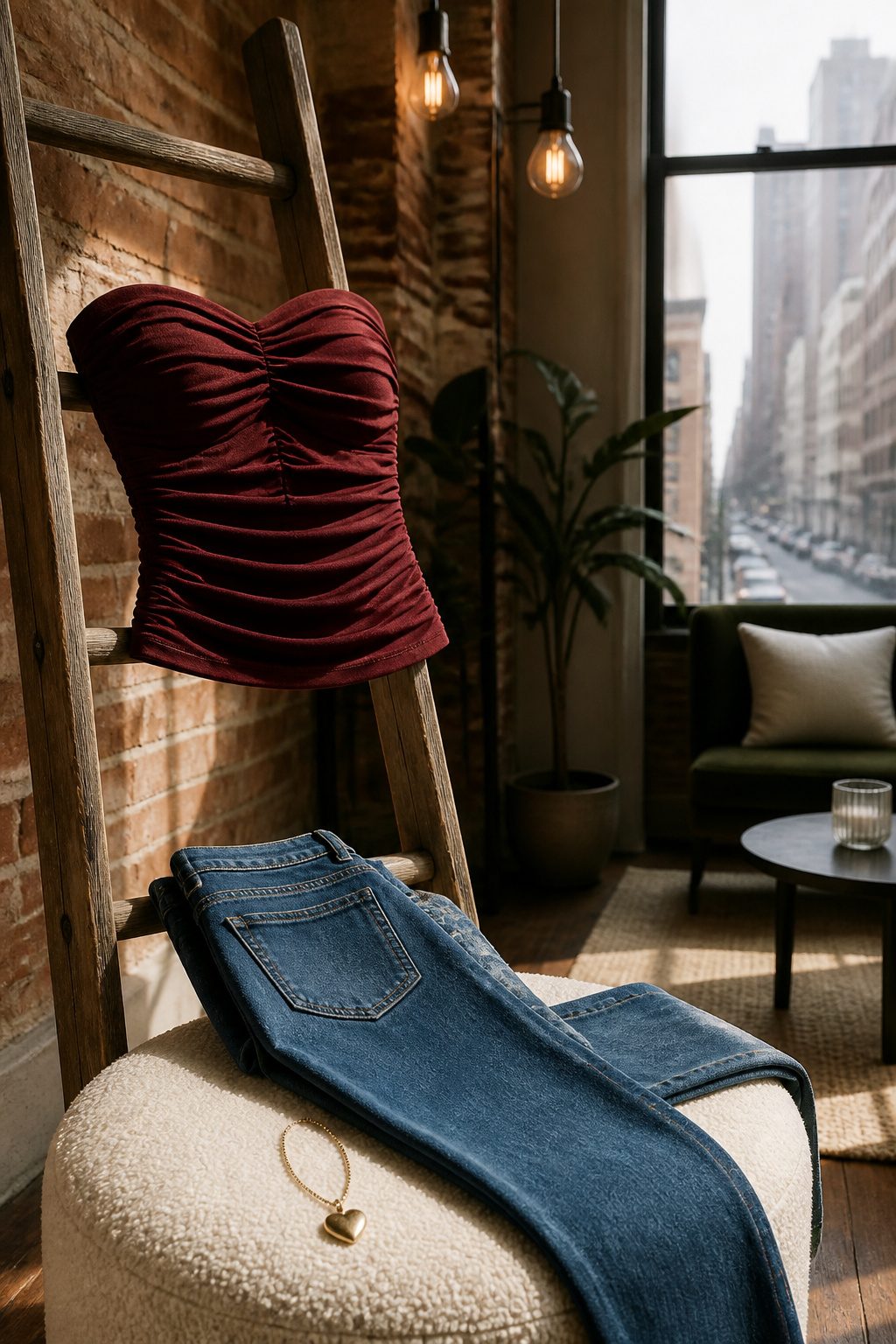 Valentine's Day Outfits & Clothing Ideas for 2026 3 Ruched strapless top displayed on a rustic ladder.