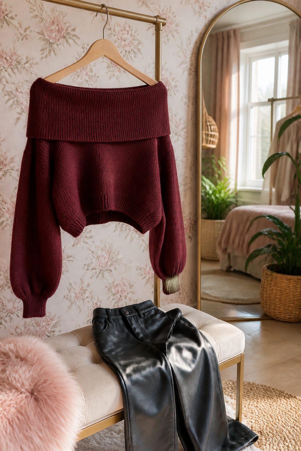 Valentine's Day Outfits & Clothing Ideas for 2026 9 Off-the-shoulder sweater displayed against floral wallpaper.
