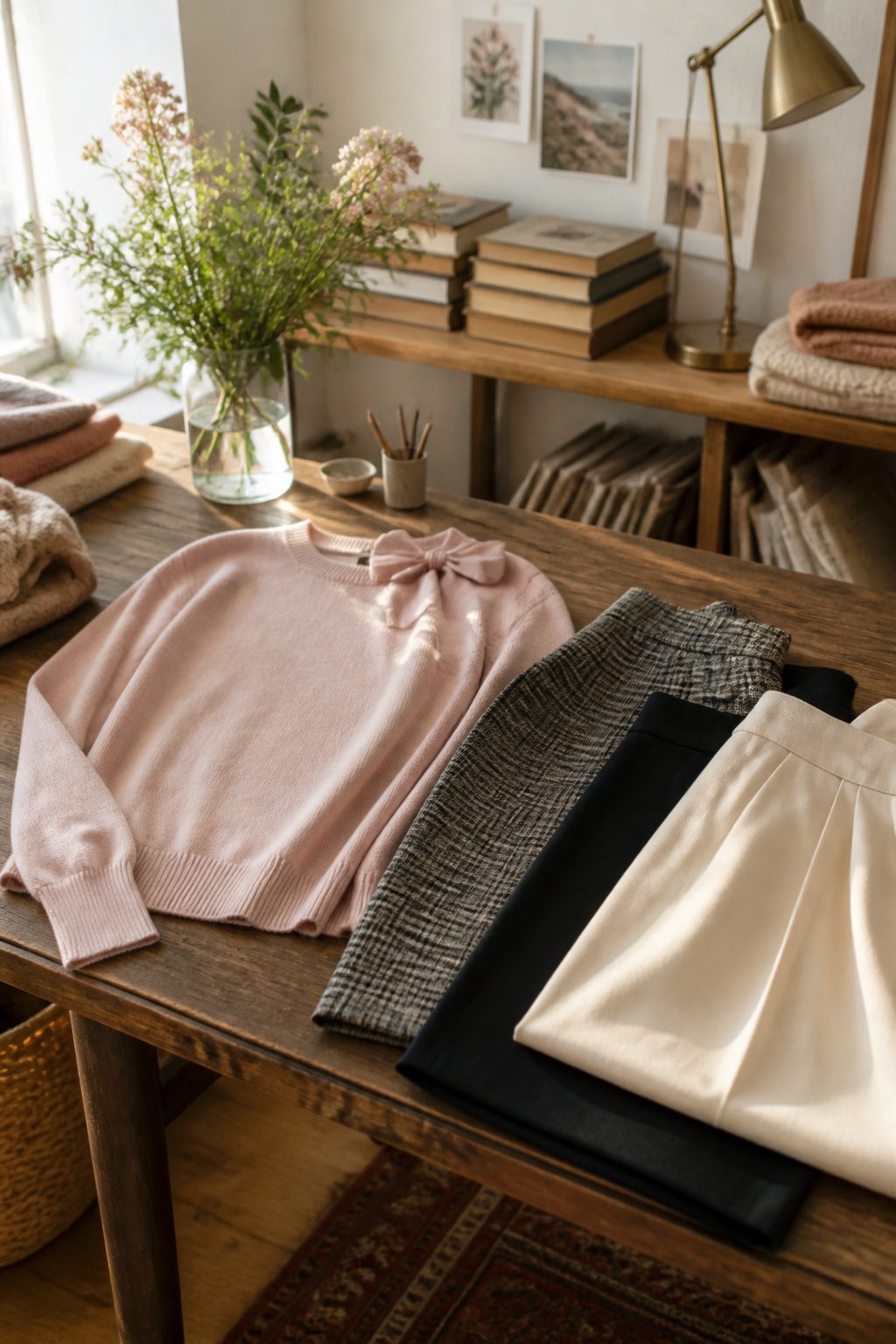Valentine's Day Outfits & Clothing Ideas for 2026 22 Soft pink cashmere crewneck displayed on a wooden table.