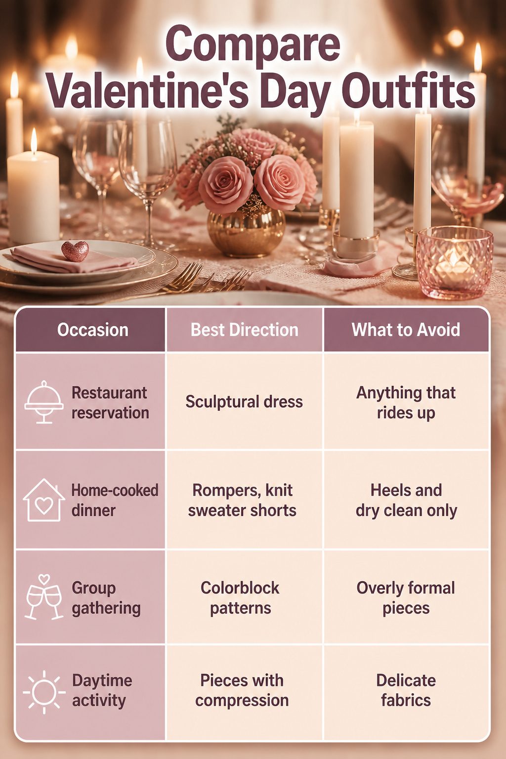 Valentine's Day Outfits & Clothing Ideas for 2026 23 Infographic comparing Valentine's Day outfits for different occasions.