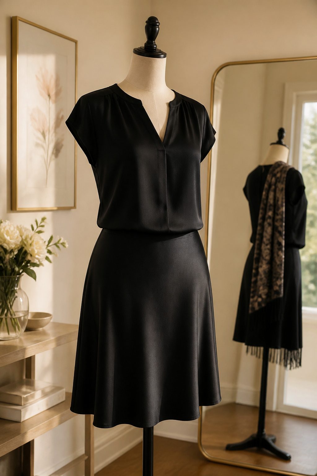 A black skirt and fitted blouse displayed in a fitting room.