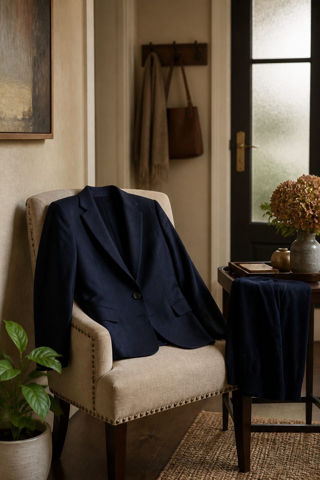 A navy blazer and cardigan on a tasteful armchair.