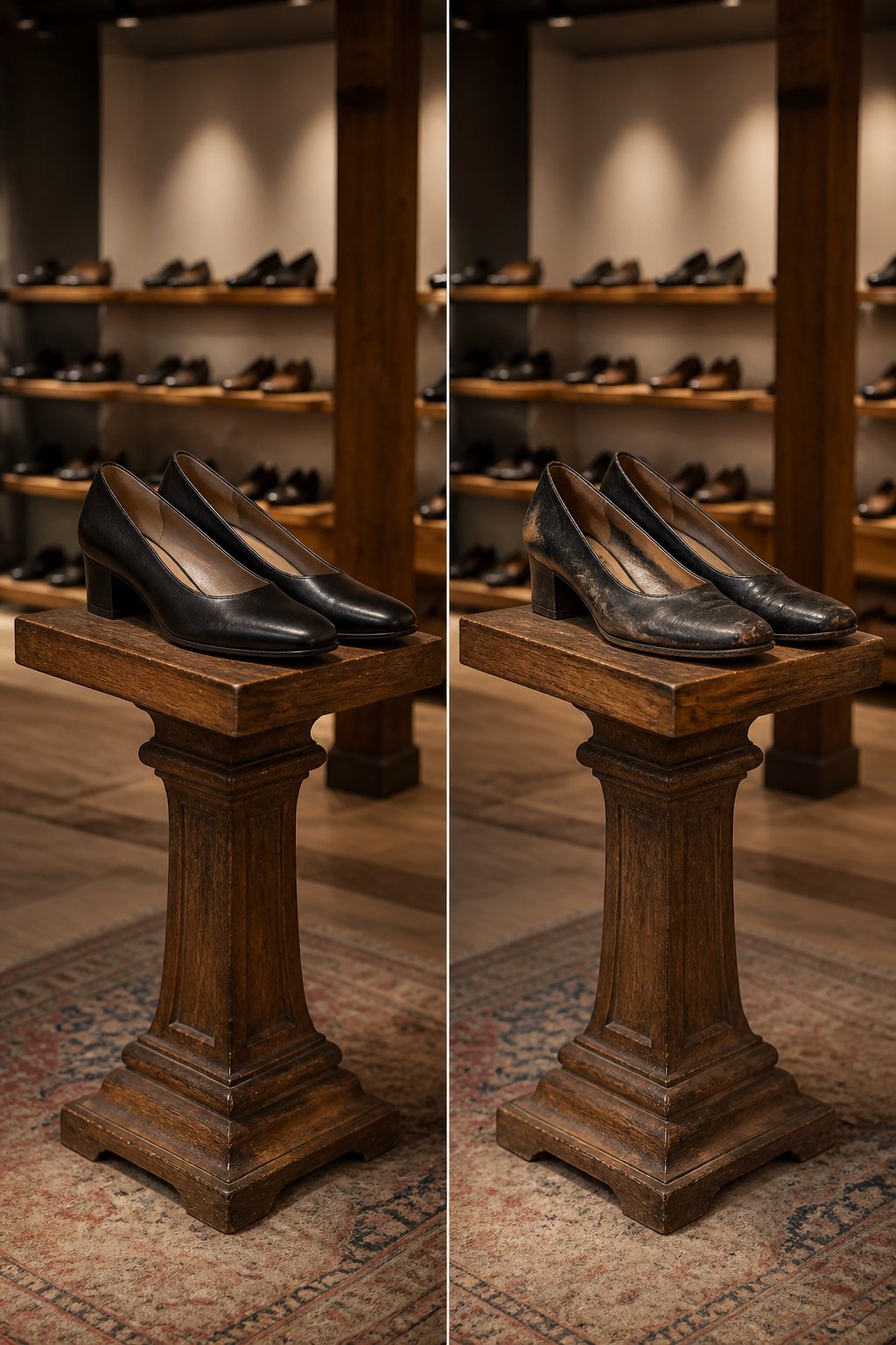 Closed-toe shoes with a low heel suitable for funeral services.