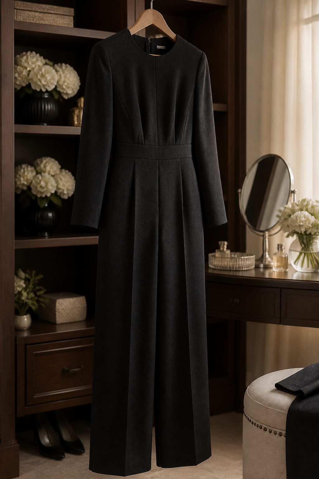 A dark conservative jumpsuit designed for funeral attire.