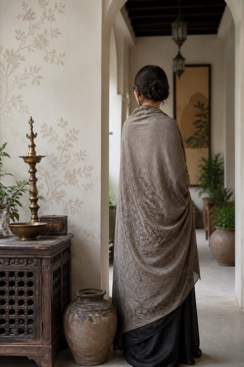 A neutral-toned wrap displayed, reflecting cultural sensitivity.
