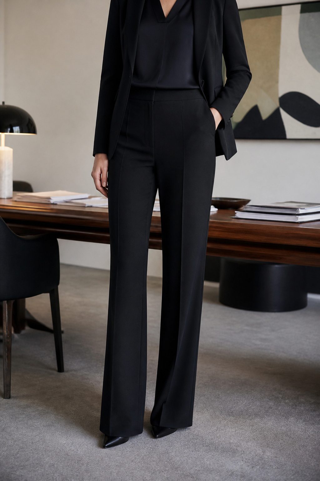 Tailored trousers and a modest blouse in a modern office space.