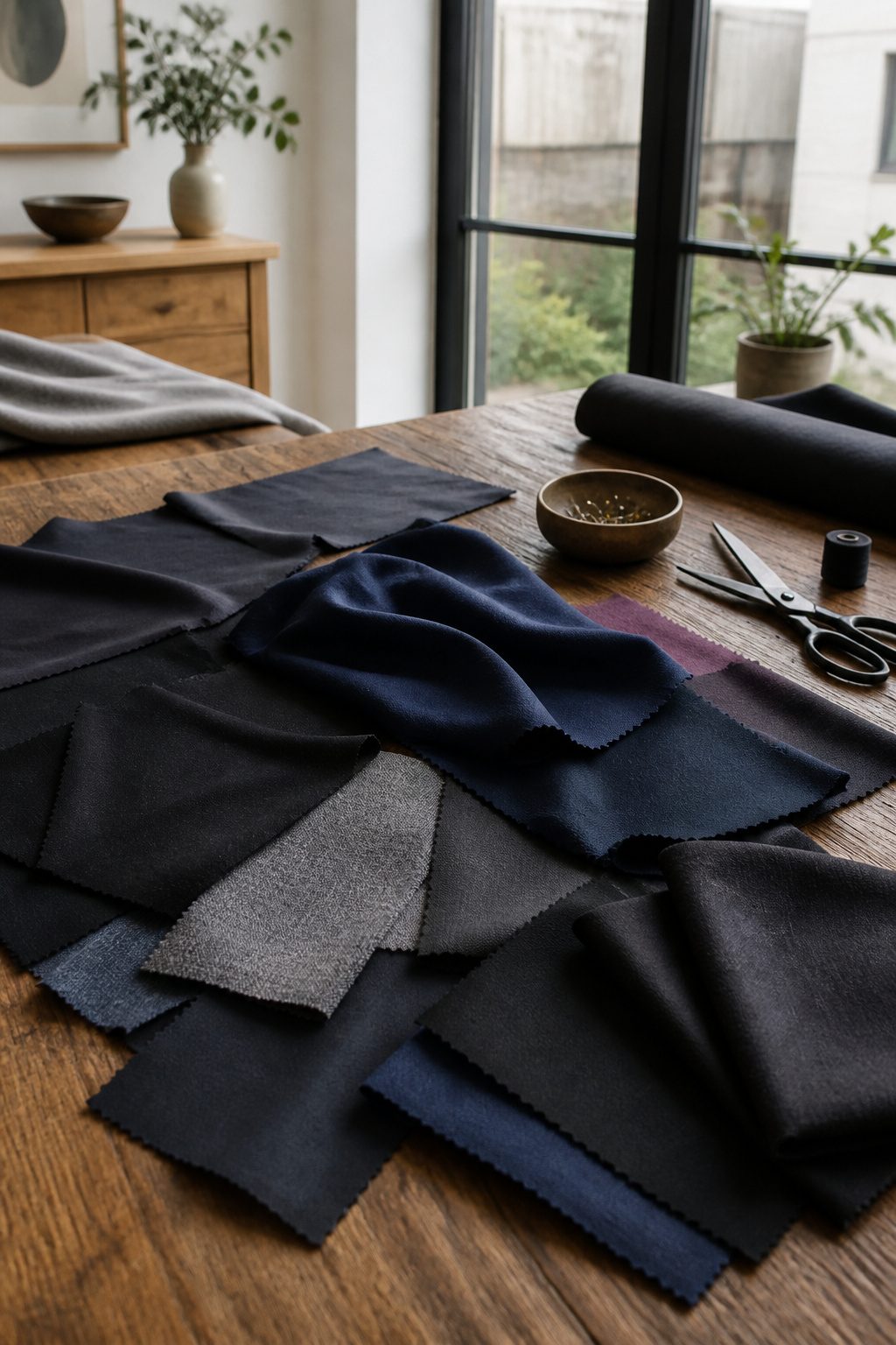Fabric samples of cotton poplin, wool crepe, and linen in dark colors.