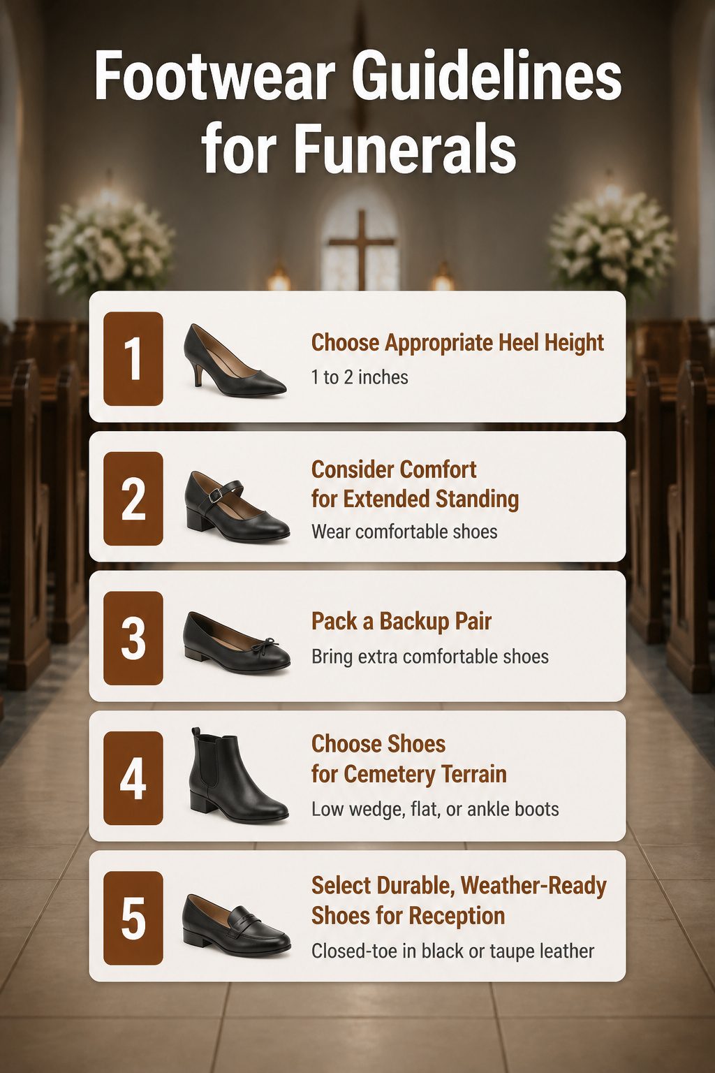 Information image detailing footwear guidelines for funerals.