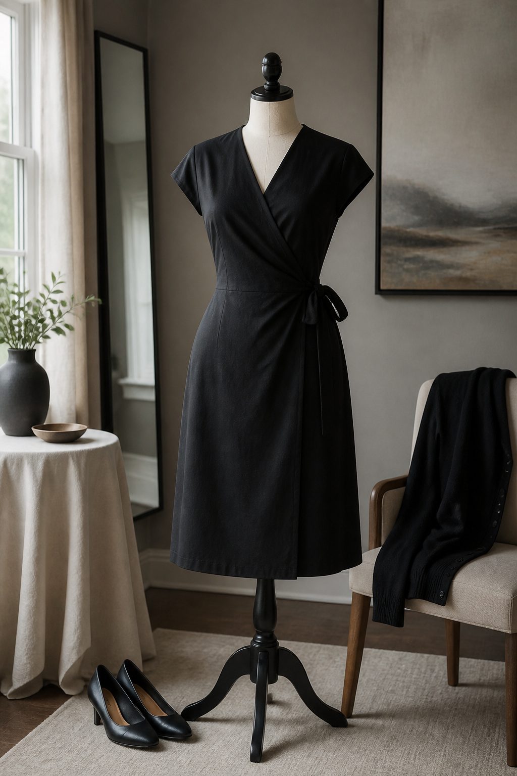 A knee-length dress suitable for funeral services.